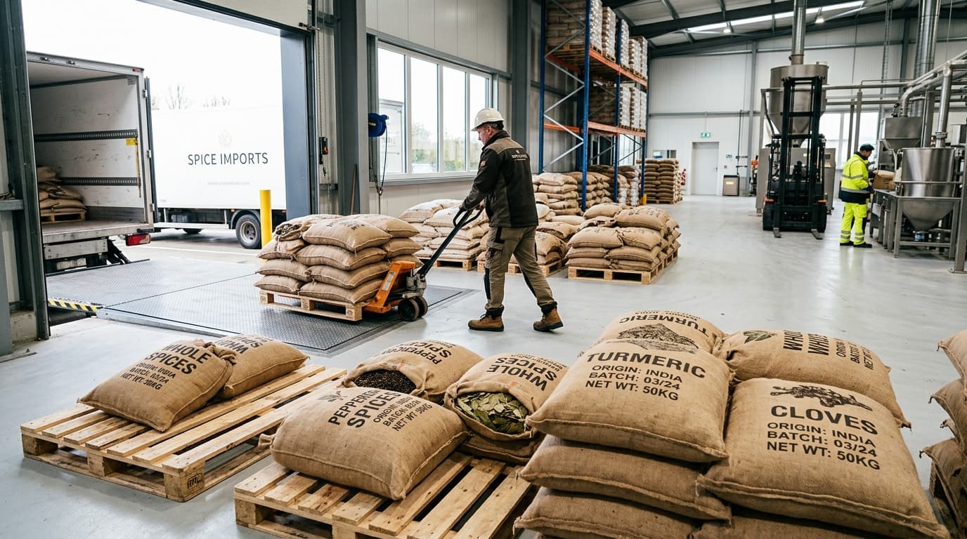 Raw whole spices arriving in sacks at industrial intake terminal