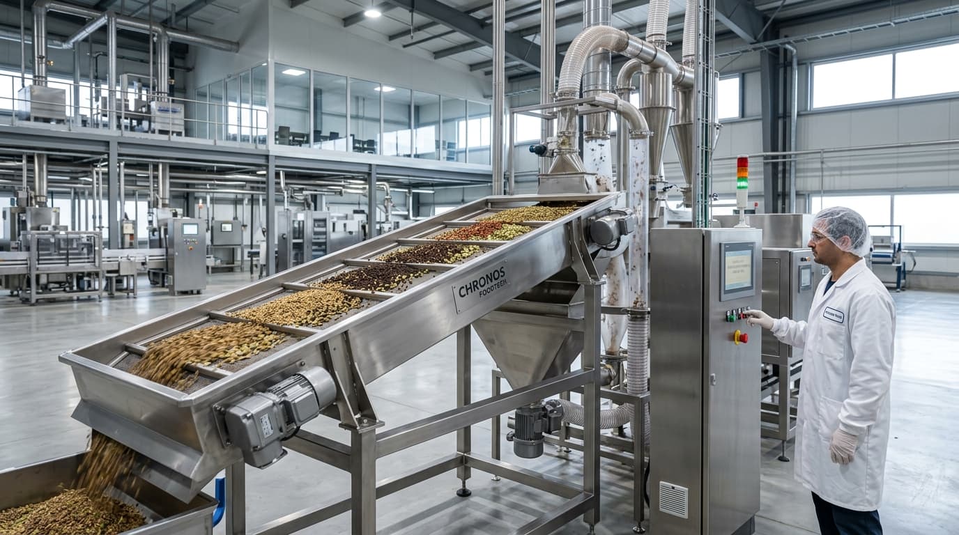 Whole spices on food-grade stainless vibratory screening conveyor