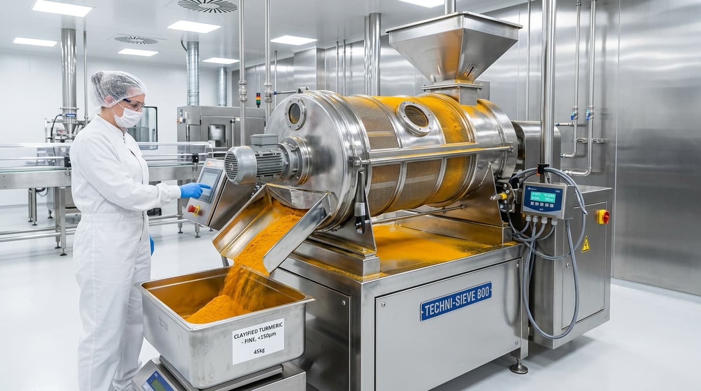 Stainless steel rotary sieve separating golden turmeric powder