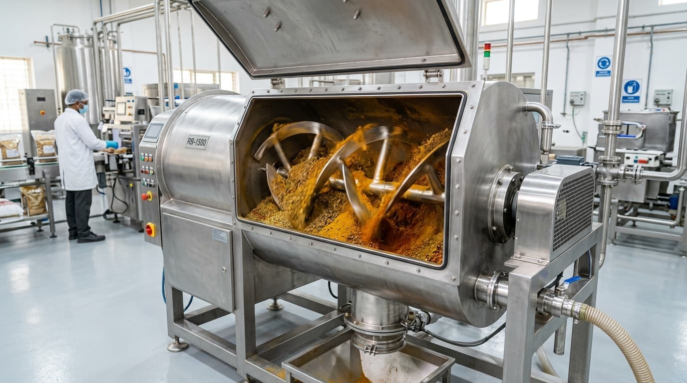 Stainless steel industrial ribbon mixer blending multi-spice masala