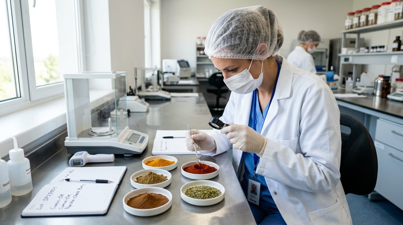 Quality assurance specialist inspecting spice powder samples in cleanroom lab