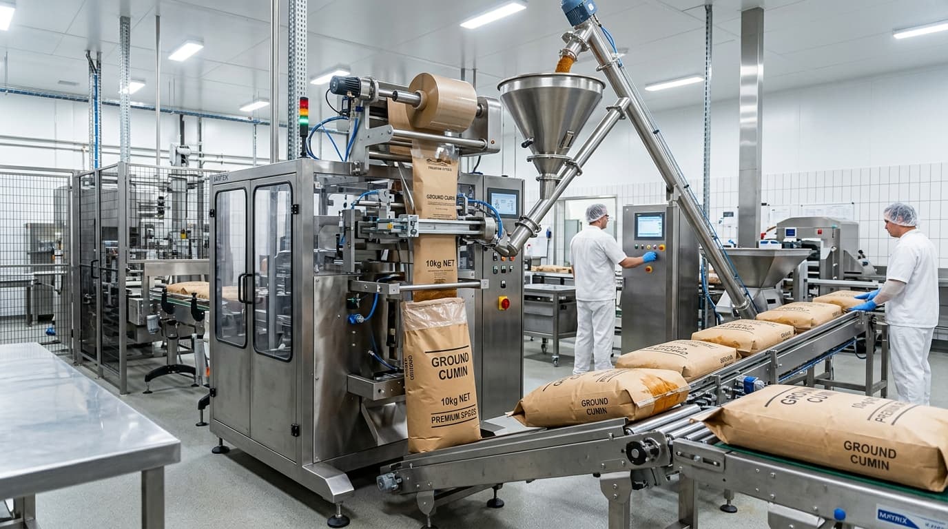 Automated spice packaging machine filling multi-wall kraft sacks