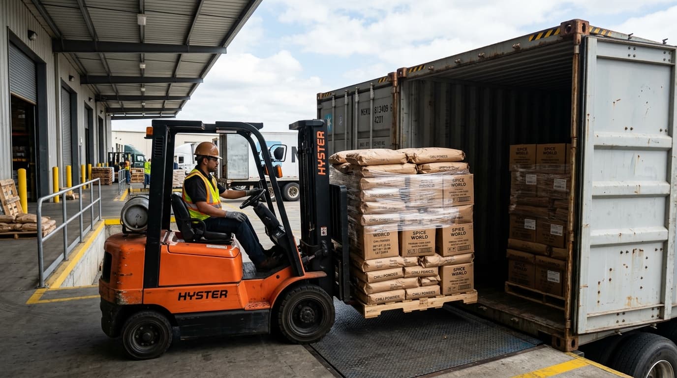 Forklift loading stretch-wrapped palletized spice cartons into export container