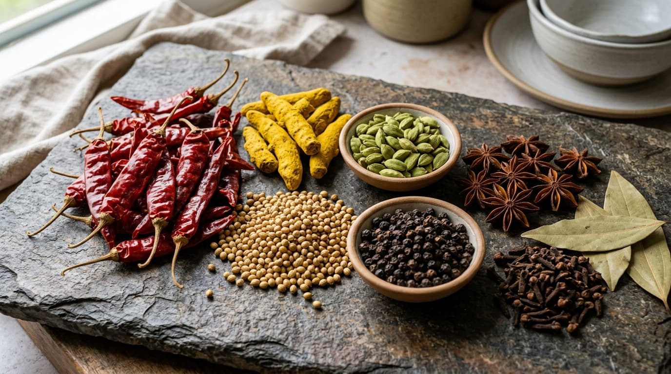 Authentic whole Indian spices: dried red chillies, turmeric fingers, coriander, cumin, cardamom, and black pepper